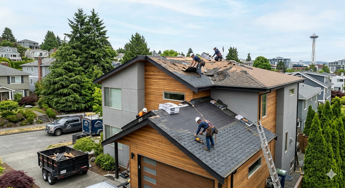 Roof replacement in progress in Seattle
